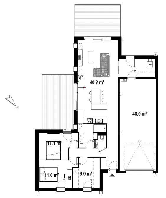 plan maison sur-mesure brique avec garage grande piece de vie deux chambres asserac